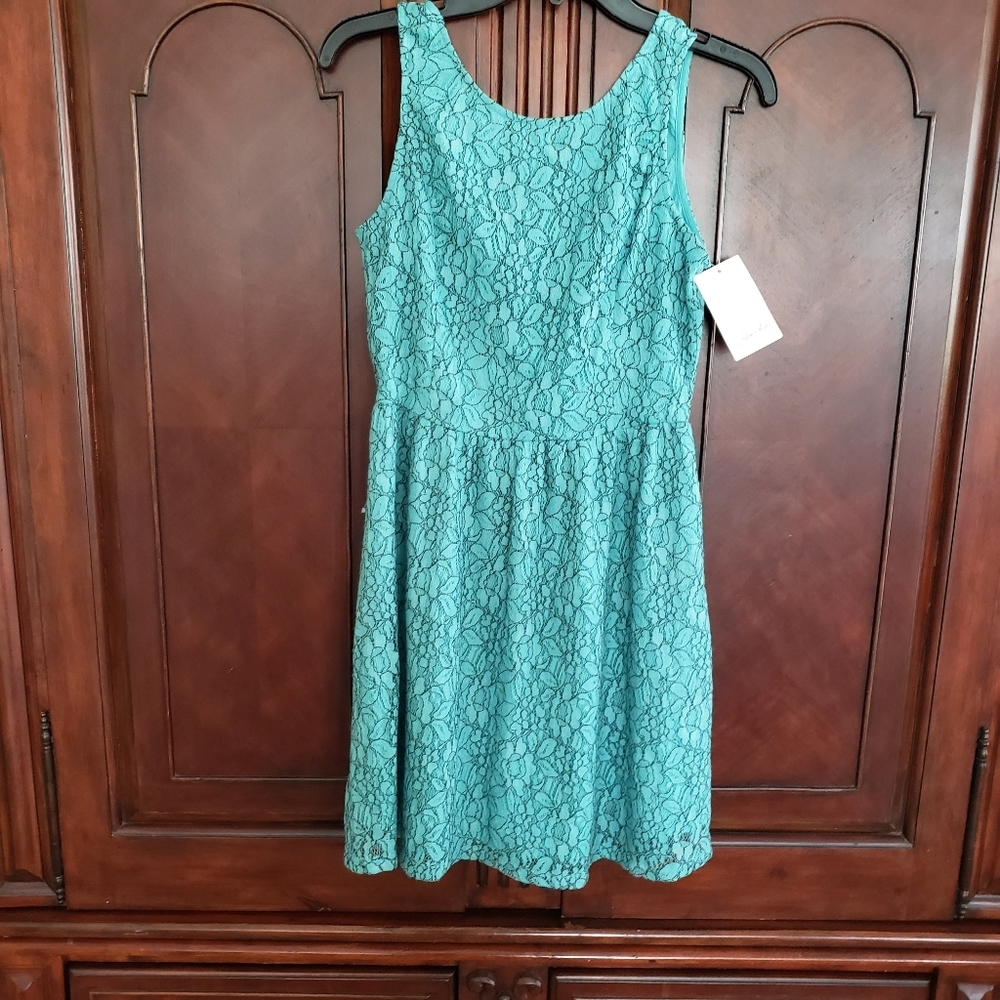 FRENCHI Floral Lace Overlay Dress sleeveless Scoop Mini blue green